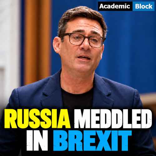 Image showing Andy Burnham in a navy blue suit in a news thumbnail with the headline “Russia Meddled in Brexit,” covering allegations of Russian interference in the 2016 Brexit referendum.
