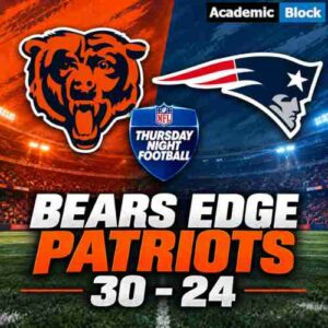 This image shows a bold NFL matchup graphic featuring the Chicago Bears and New England Patriots logos, highlighting the Bears’ 30–24 victory in Thursday Night Football.