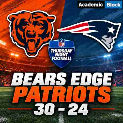 This image shows a bold NFL matchup graphic featuring the Chicago Bears and New England Patriots logos, highlighting the Bears’ 30–24 victory in Thursday Night Football.