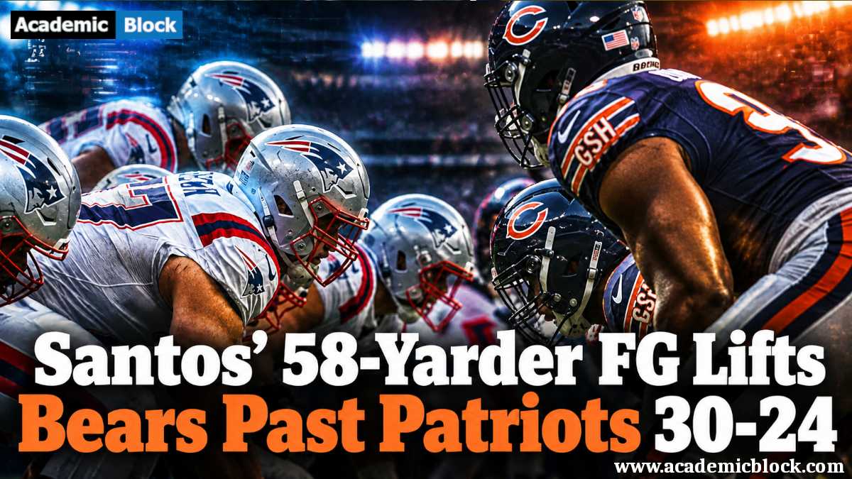 This image shows a NFL matchup showing the Chicago Bears facing the New England
Patriots, with the headline highlighting Cairo Santos’ 58-yard field goal in the Bears’ 30–24
victory.