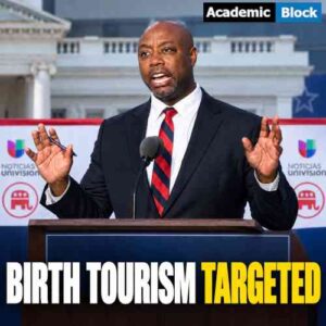 Image showing Republican Senator Tim Scott speaking on a podium about Birth Tourism Elimination Act.