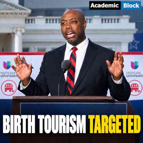 Image showing Republican Senator Tim Scott speaking on a podium about Birth Tourism Elimination Act.