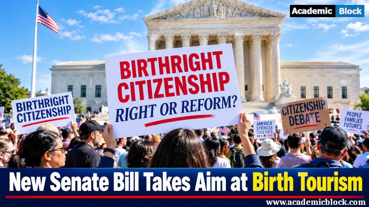 A large crowd gathers outside the U.S. Supreme Court during a debate over birth tourism, with a prominent “Birthright Citizenship” sign representing Tim Scott’s proposed Birth Tourism Elimination Act.