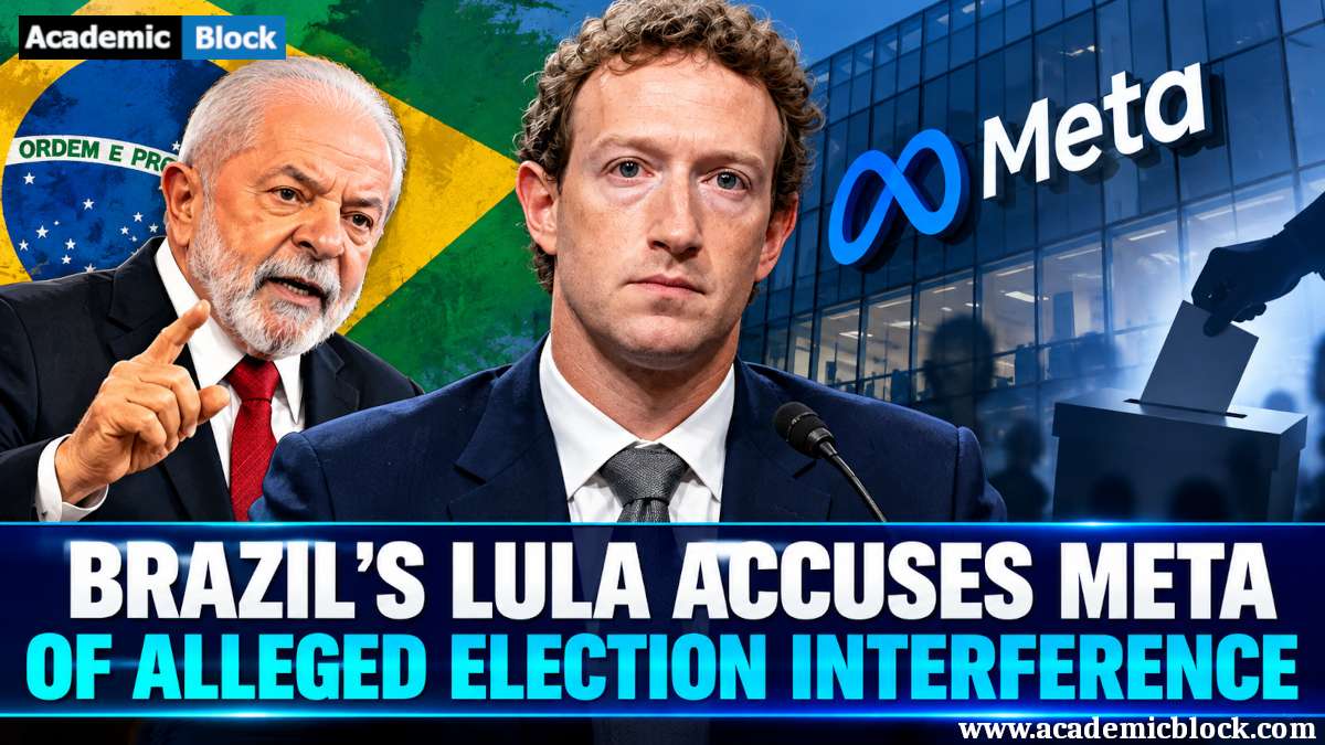 Image showing Brazil’s President Lula Accuses Meta of Alleged Election Interference, Featuring Lula and Mark Zuckerberg With Meta Branding and a Bold News Headline.
