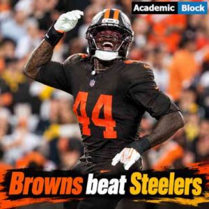 Image showing a Cleveland Browns player celebrating in a stadium with the bold title “Browns beat Steelers” at the bottom.