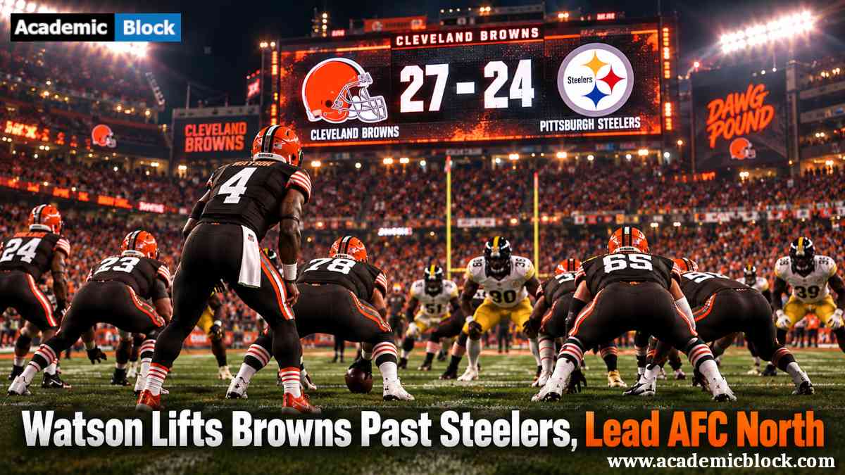 Image shows the Cleveland Browns and Pittsburgh Steelers on the scrimmage line.