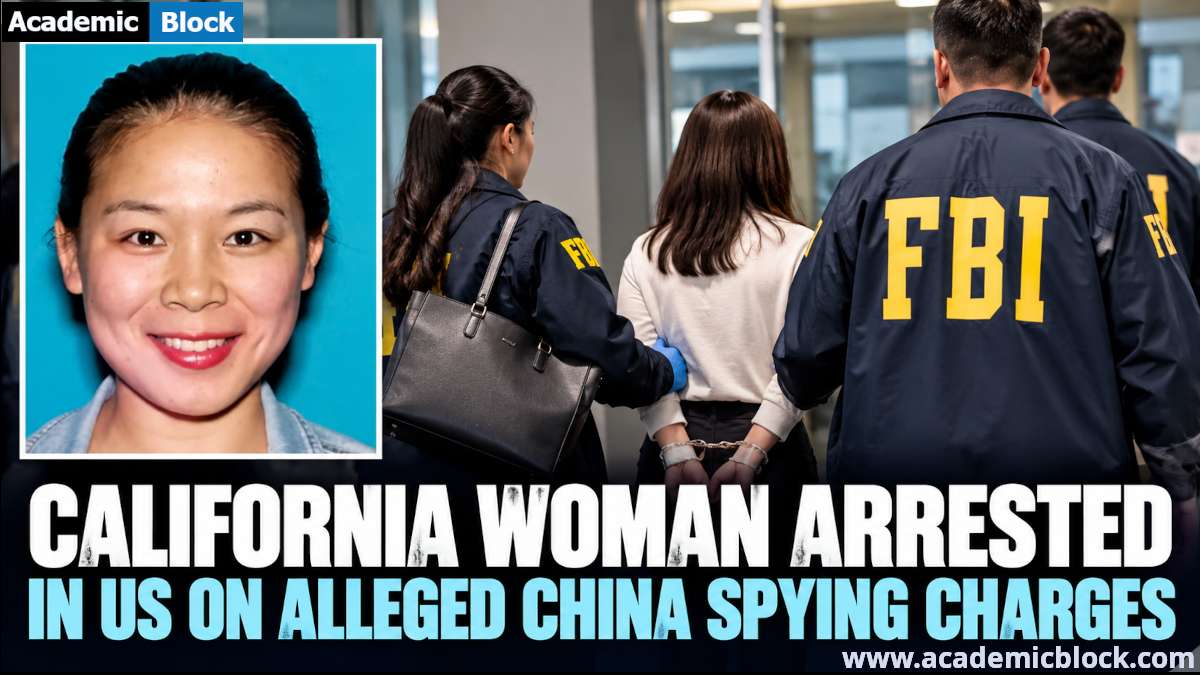 Image showing California woman Wanying Zhang pictured alongside FBI agents after her arrest in an alleged China spying case.