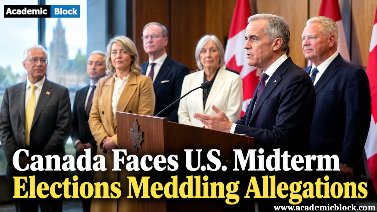 This image shows Canadian officials gather at a press briefing as PM Carney speaks at a podium, highlighting allegations of Canadian interference in U.S. midterm elections.