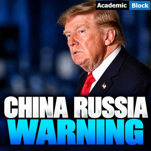 Image showing Donald Trump against a dark blue background with bold white and blue text reading “China Russia Warning.