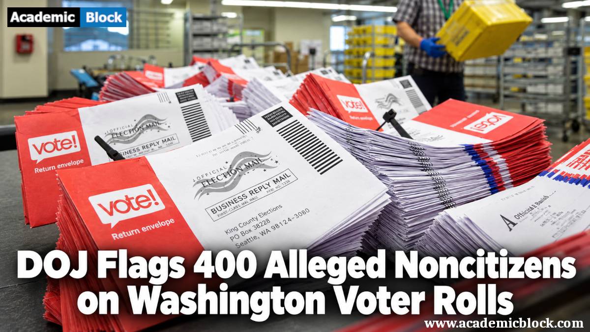 This image shows Stacks of election mail and ballot envelopes await processing as the DOJ flags 400 alleged noncitizens on Washington state voter rolls.