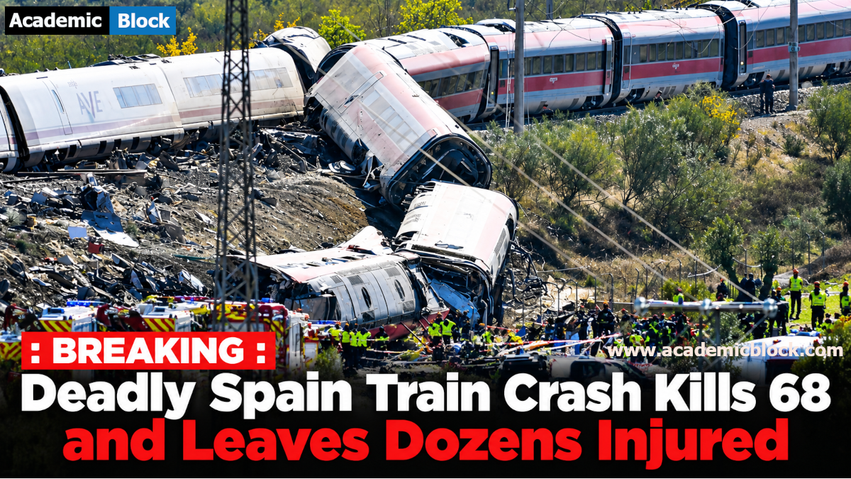 This image shows Wreckage of a derailed high-speed train in Spain, with mangled carriages, scattered debris, and emergency crews responding to the deadly crash that killed at least 68 people.