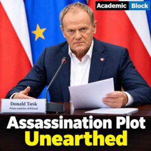 This image shows Donald Tusk at a press briefing with Polish and EU flags in the background, for the detention of a suspect in an alleged assassination plot against Poland’s prime minister.