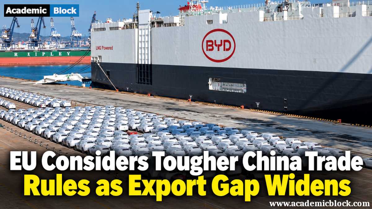This image shows BYD car carrier ship loaded with vehicles at a port, highlighting EU-China trade tensions and illustrating the widening export gap.