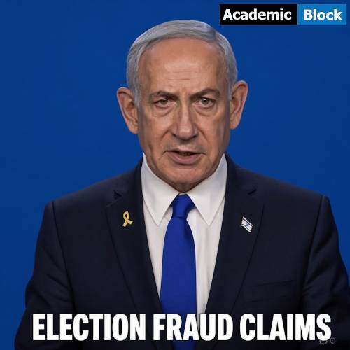 Image showing Benjamin Netanyahu in a dark suit and blue tie speaking against a plain solid blue background, with bold white text “ELECTION FRAUD CLAIMS” at the bottom