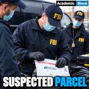 Image showing FBI agents wearing masks and gloves inspect a suspected United States Postal Service parcel beside a vehicle.
