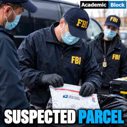 Image showing FBI agents wearing masks and gloves inspect a suspected United States Postal Service parcel beside a vehicle.
