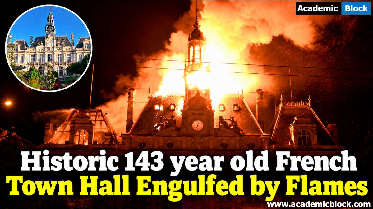 Historic 143-year-old French town hall in Limoges engulfed in flames as a massive fire consumes its clock tower and roof.