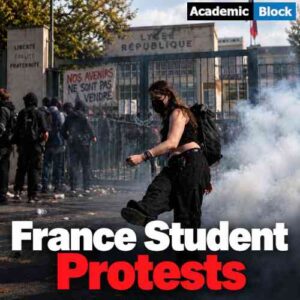 French student protests erupt outside a high school as a chained school gate remains shut amid smoke, unrest and rising tensions in France.