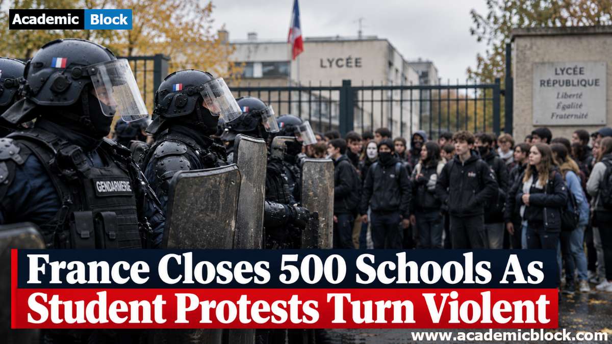 French riot police face student protesters outside a lycée amid tense protests, school closures, wet streets and the French flag in the background. A bold news headline appears across the bottom, France Closes 500 Schools As Student Protests Turn Violent.