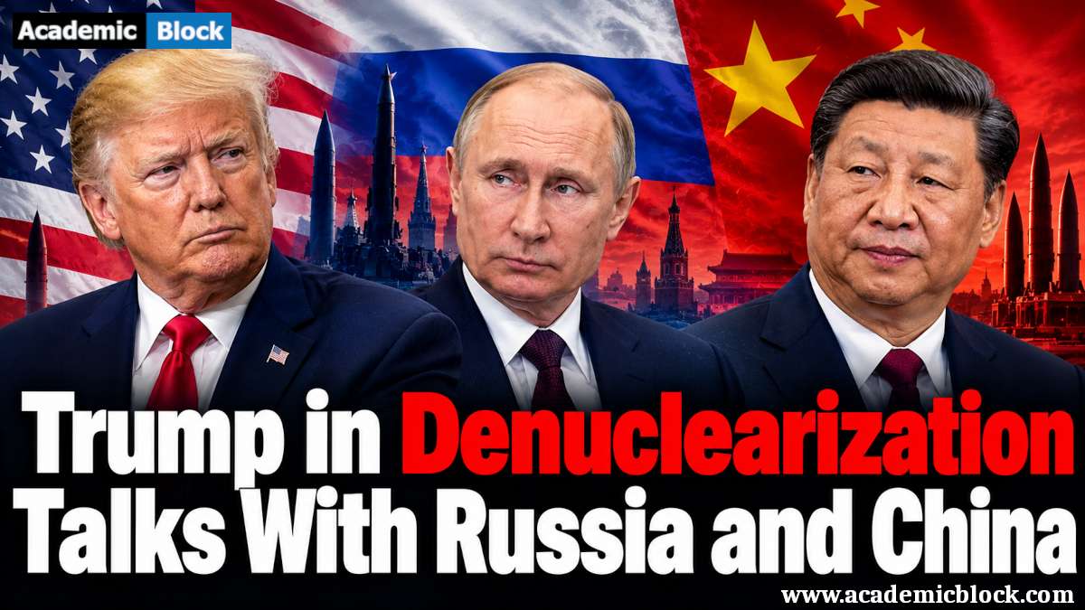 This image shows Donald Trump, Vladimir Putin, and Xi Jinping referring to Trump's denuclearization talks with Russia and China.