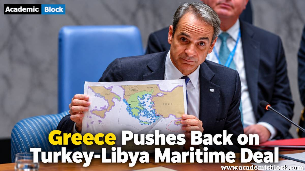 Image shows Greek Prime Minister Kyriakos Mitsotakis holds up a map of the eastern Mediterranean during a meeting, highlighting Greece’s opposition to the Turkey-Libya maritime deal.