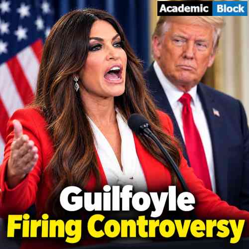 Kimberly Guilfoyle speaks at a microphone with Donald Trump standing behind her, highlighting the firing controversy.