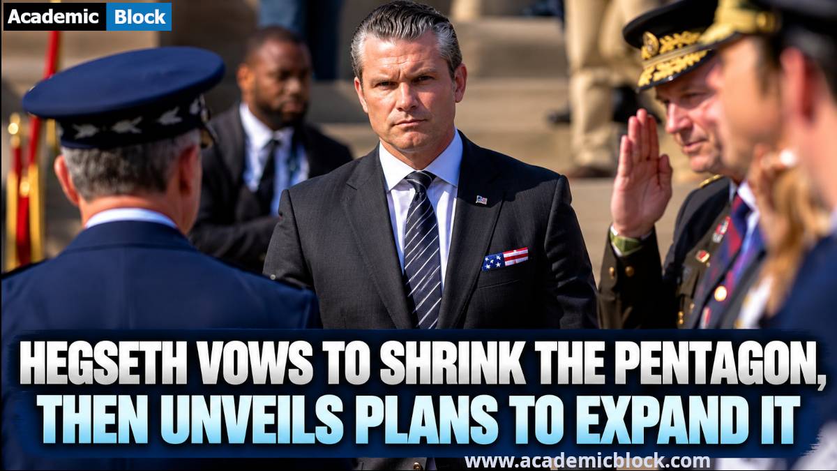 Image showing Pete Hegseth stands with military officers as he outlines plans to shrink Pentagon leadership while unveiling new military initiatives.