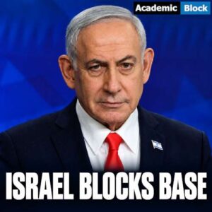 Image showing Benjamin Netanyahu faces forward in a news thumbnail with the headline “Israel Blocks Base,” highlighting Israel’s decision to block construction of Trump’s planned Gaza base.