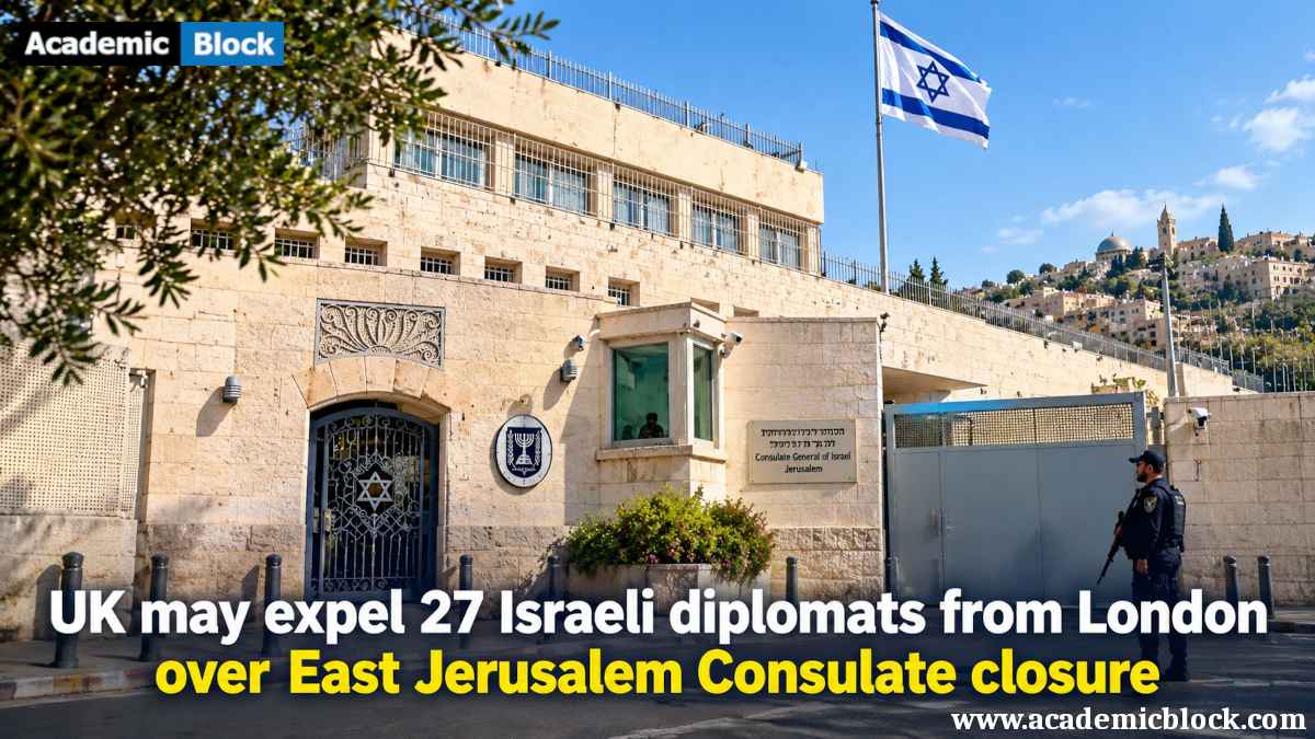 Image showing the East Jerusalem Consulate building with an Israeli flag, security personnel, and Jerusalem’s skyline in the background.