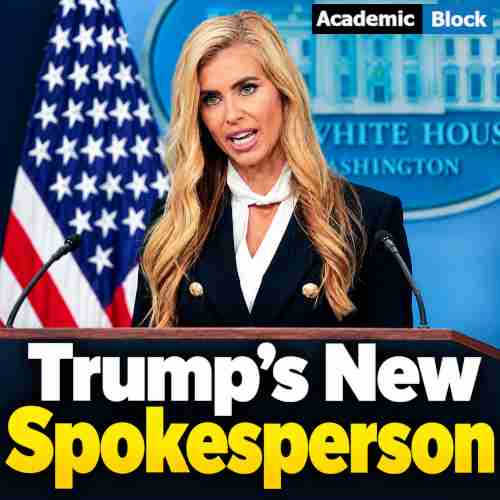 This image shows Katie Zacharia at a White House briefing podium, debuting as Trump’s new spokesperson; New White House Secretary.