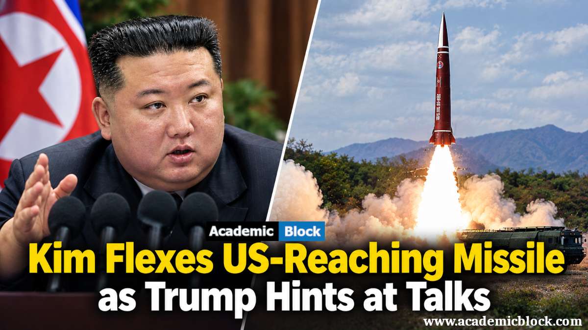 Image shows Kim Jong Un speaking beside a North Korean missile launch, highlighting tensions with the US as Trump hints at talks.