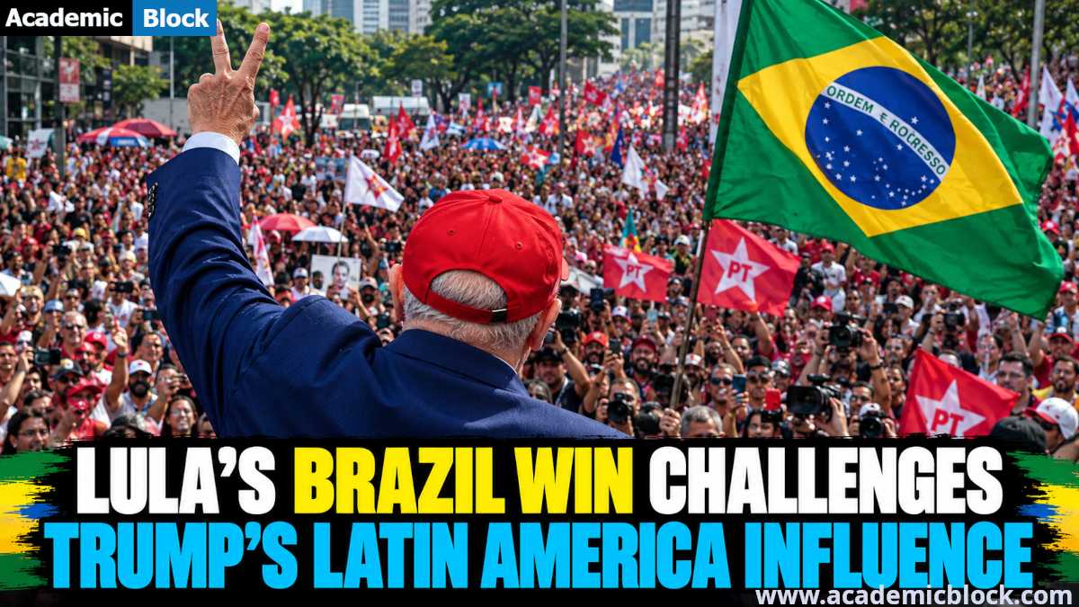 Brazilian President Lula, wearing a dark blue suit and red cap, raises a victory sign before a large crowd at a political rally, with the Brazilian flag visible and a headline highlighting his challenge to Trump’s influence in Latin America.