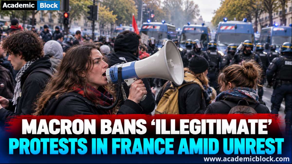 Image showing Riot police face masked protesters amid flames, smoke, and a raised flare during unrest in France, with a bold headline reading, Macron Bans ‘Illegitimate’ Protests in France Amid Unrest.