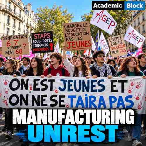Image showing Student protesters in France hold banners and placards during a demonstration, with the headline “Manufacturing Unrest” displayed in bold white and blue text.