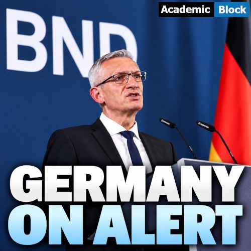 Image showing Martin Jäger, BND chief, speaks at a podium as Germany faces rising conflict risks with Russia.