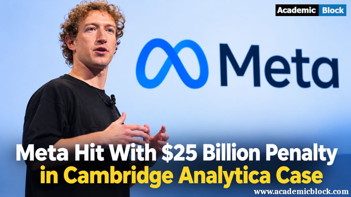 Image shows Mark Zuckerberg stands beside the Meta logo with a headline about a $25 billion penalty in the Cambridge Analytica case.
