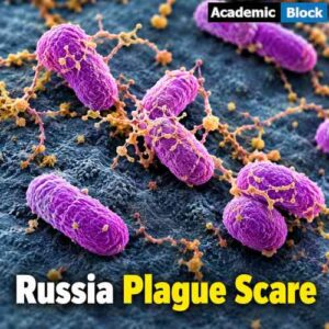 Image showing a close-up microscopic view of purple Yersinia pestis bacteria with detailed textures and filaments.