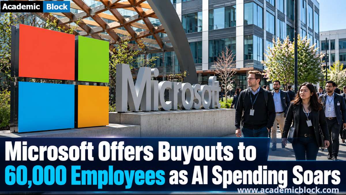 Image showing Microsoft office campus with employees and the headline, Microsoft Offers Buyouts to 60,000 Employees as AI Spending Soars, highlighting the company’s voluntary buyout program and rising AI investment costs.