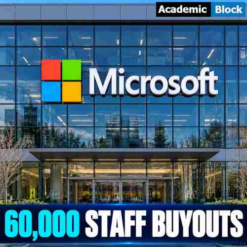 Image showing Microsoft logo on a glass office building with the headline “60,000 Staff Buyouts,” highlighting the company’s voluntary employee buyout offer to reduce costs.