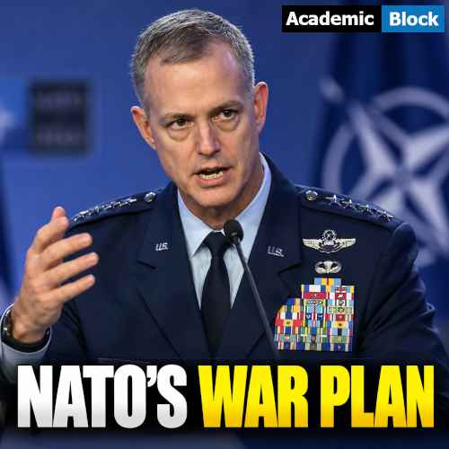 Image showing NATO’s top commander, U.S. Air Force Gen. Alexus Grynkewich, speaks at a podium in his military uniform against a blurred blue NATO backdrop, with the headline, NATO’s War Plan.