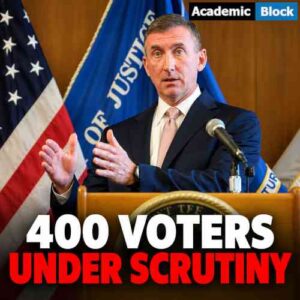 This image shows A U.S. Department of Justice official, Neil Floyd speaks at a podium as federal authorities scrutinize 400 alleged noncitizens on Washington state voter rolls.