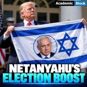 Image showing Donald Trump holds an Israeli flag featuring Benjamin Netanyahu’s portrait as the headline “Netanyahu’s Election Boost” highlights Trump’s endorsement ahead of Israel’s October 27 election.