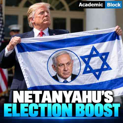 Image showing Donald Trump holds an Israeli flag featuring Benjamin Netanyahu’s portrait as the headline “Netanyahu’s Election Boost” highlights Trump’s endorsement ahead of Israel’s October 27 election.