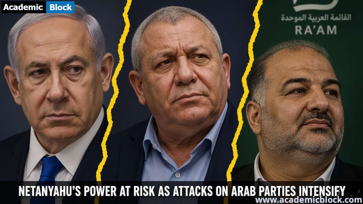 Benjamin Netanyahu (left), Gadi Eisenkot (center), and Mansour Abbas (right) in a news triptych separated by bold yellow jagged lines, with the headline, Netanyahu’s Power at Risk as Attacks on Arab Parties Intensify.