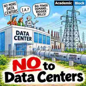 Editorial cartoon showing protesters opposing data centers over rising electricity demand and higher power costs, with the bold slogan, NO to Data Centers.