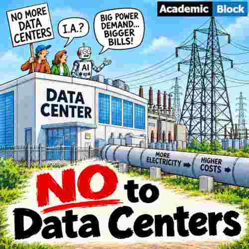 Editorial cartoon showing protesters opposing data centers over rising electricity demand and higher power costs, with the bold slogan, NO to Data Centers.