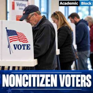 Image showing U.S. voters casting ballots at a polling station with an American flag and the headline Noncitizen Voters, California DOJ dispute over voter eligibility and election security ahead of the 2026 midterm elections.