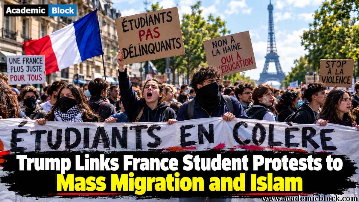 Image shows a large student protest in Paris, with French flags, protest signs, a banner, and the Eiffel Tower in the background.