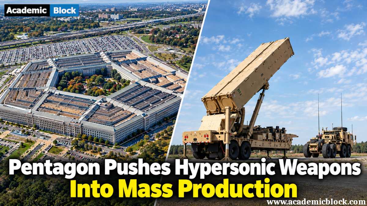 Image shows an aerial view of the Pentagon on the left alongside a military missile launcher on the right, with the text, Pentagon Pushes Hypersonic Weapons Into Mass Production.