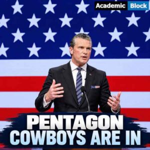 Image showing Pete Hegseth in a black suit speaks before a U.S. flag with “COWBOYS ARE IN” text highlighting the Pentagon leadership overhaul.